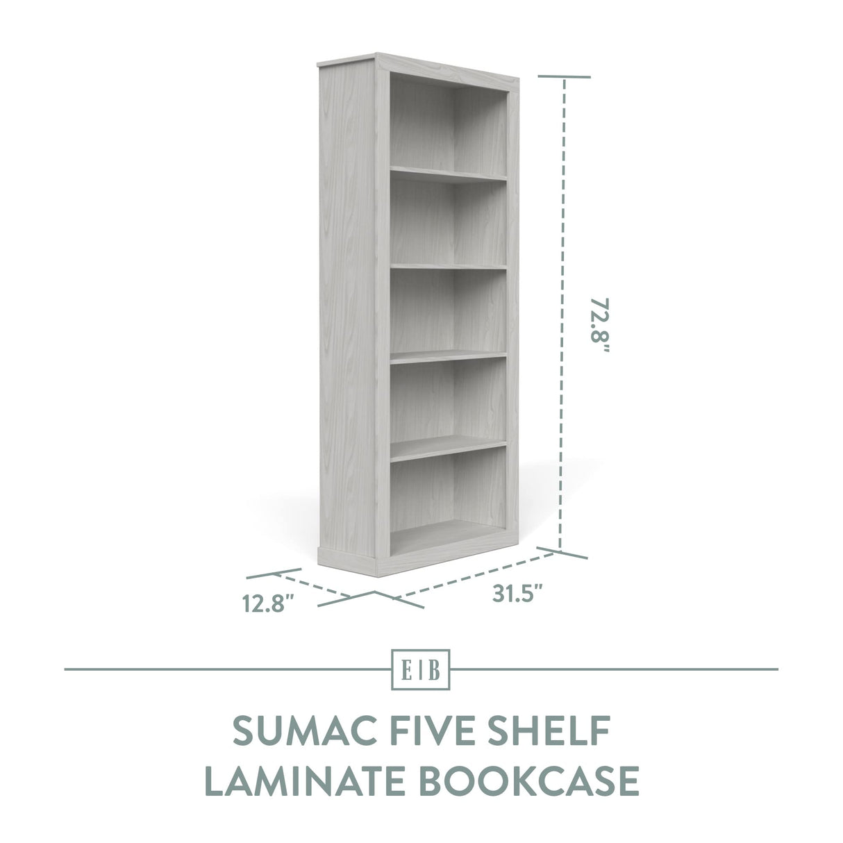 Edenbrook Sumac Bookcase, 5-Shelf Organizer for Bedroom Furniture or Home Office Furniture, White Bookshelf 12.8D x 31.5W x 72.8H in