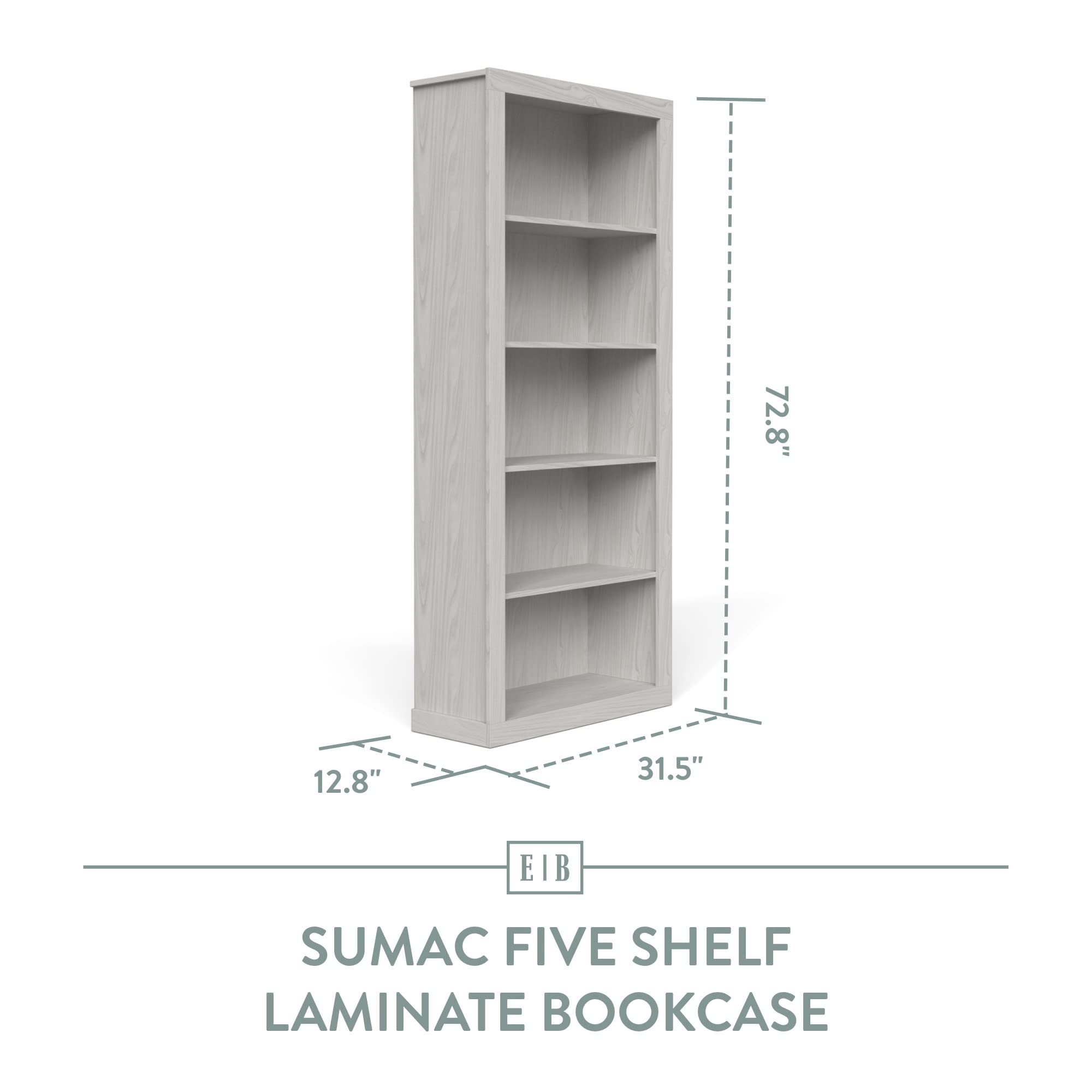 Edenbrook Sumac Bookcase, 5-Shelf Organizer for Bedroom Furniture or Home Office Furniture, White Bookshelf 12.8D x 31.5W x 72.8H in