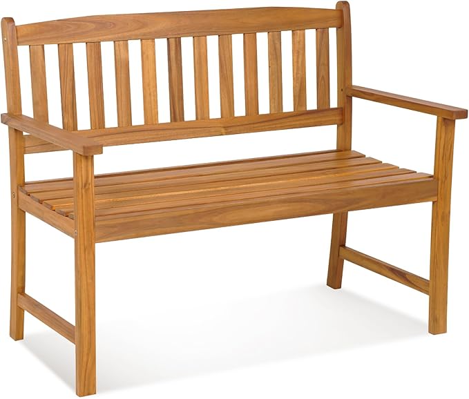 Outdoor Acacia Wood Bench, 2-Person Garden Bench with Backrest and Armrests