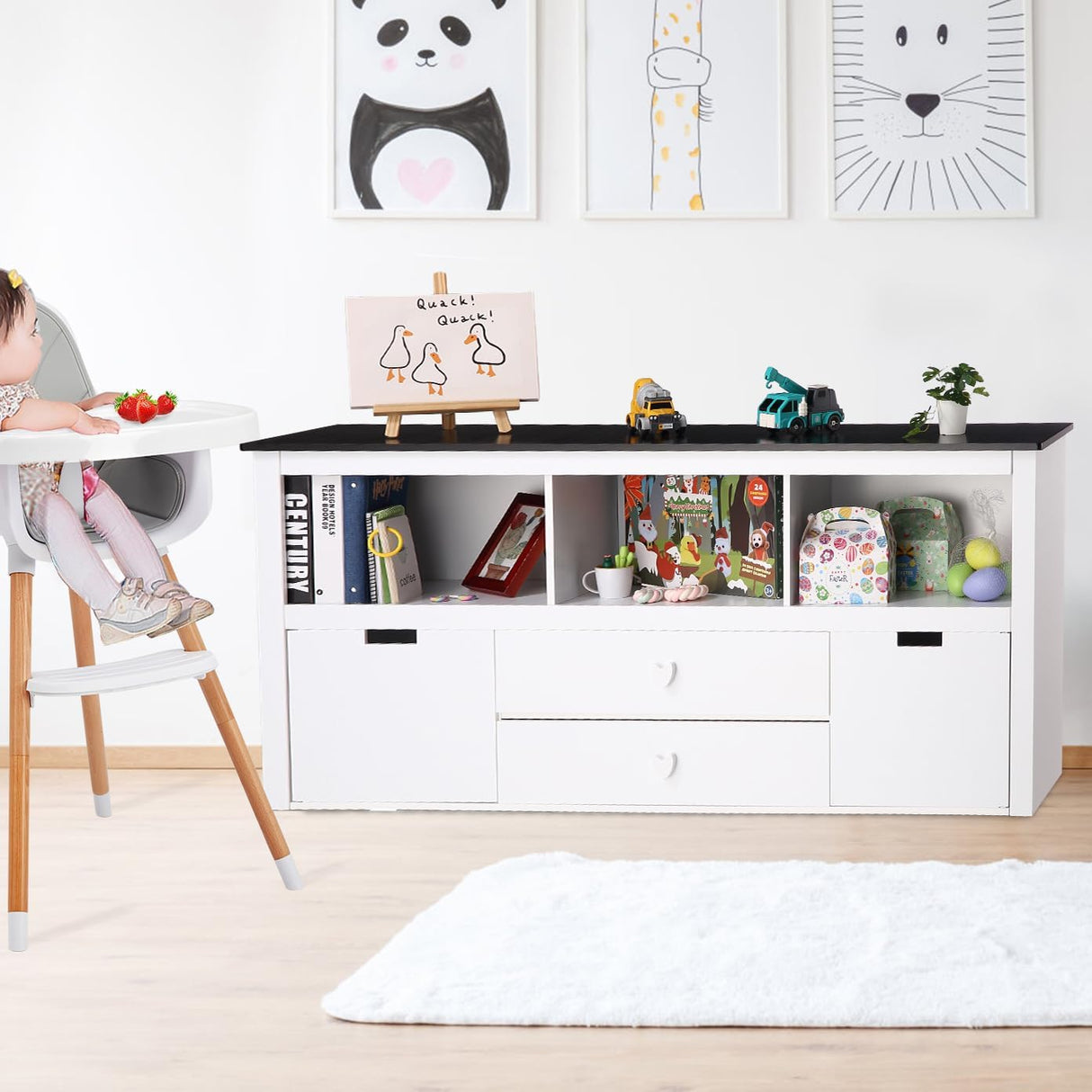 GarveeHome Kids Toy Storage Organizer - Large Storage Cabinet, Spacious Blackboard Desktop, Sturdy and Safe, Movable Drawers, for Bedroom, Playroom, Nursery, Kindergarten, White