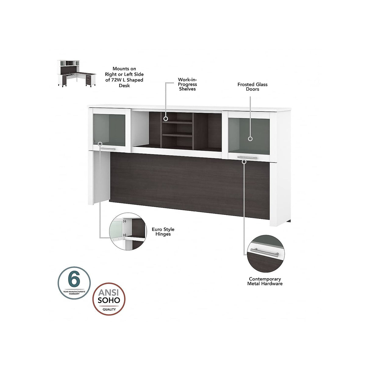 Somerset 72W 3 Position Sit to Stand L Shaped Desk with Hutch in White