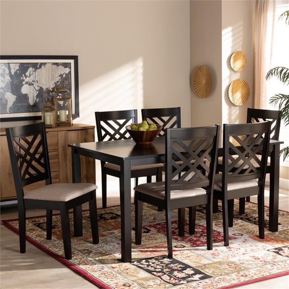 Caron Modern and Contemporary Sand Fabric Upholstered Espresso Brown Finished Wood