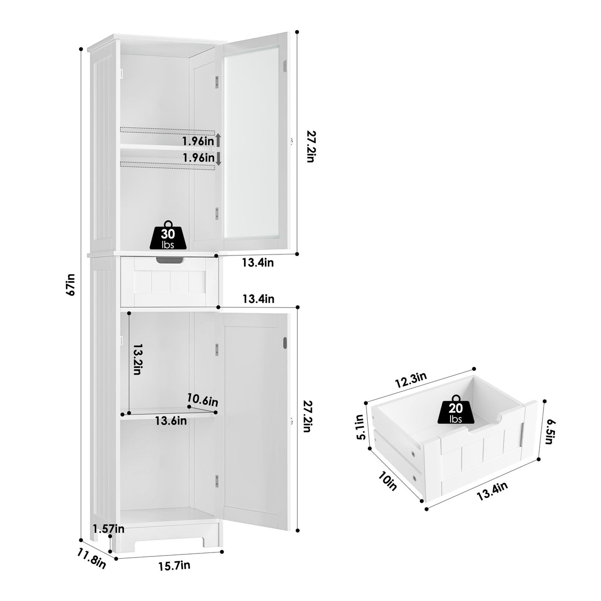 " Tall Bathroom Cabinet, Narrow Storage Cabinet, Freestanding Linen Cabinet with Doors