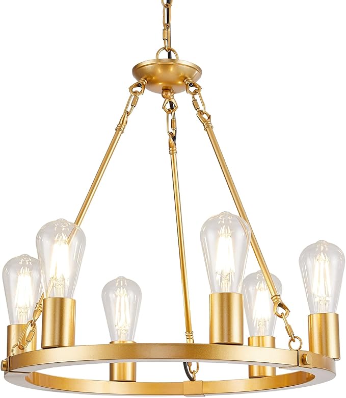 Gold Wagon Wheel Chandelier, 8 Lights Dining Room Light Fixture