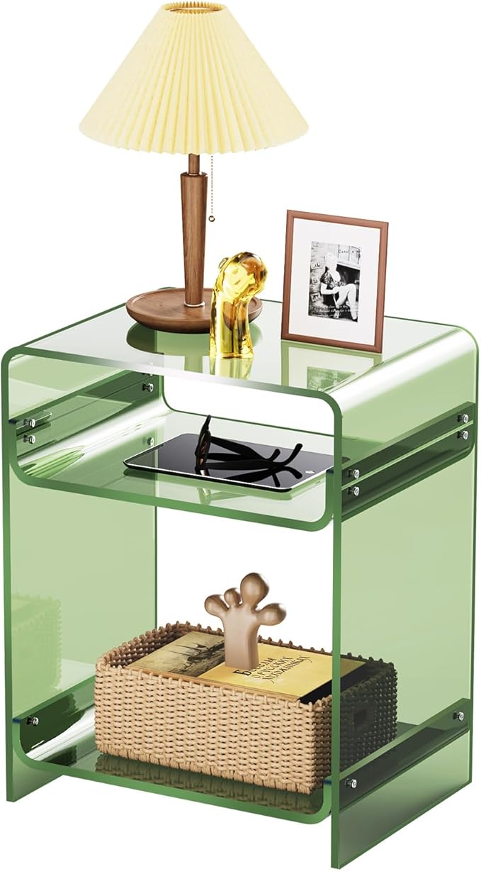 End Table Record Player Table with Storage Shelf Clear Side Table Nightstand, Orange