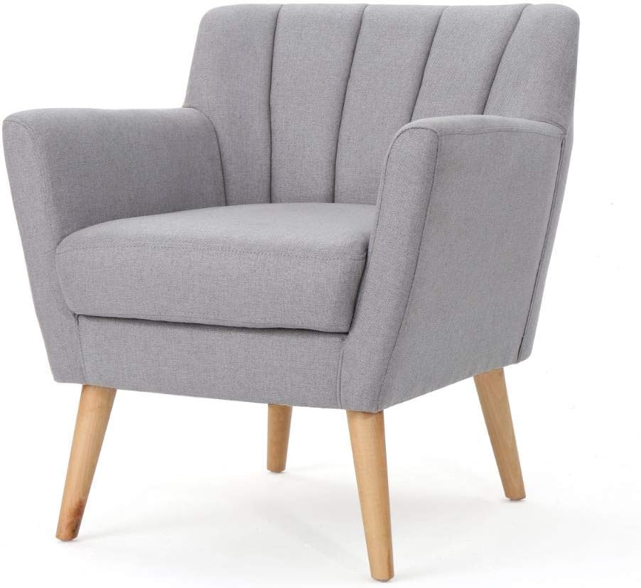 Merel Mid-Century Modern Fabric Club Chair, Light Grey / Natural