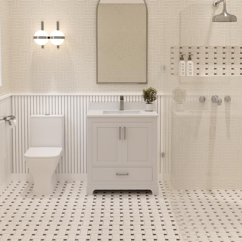 Maya 30 inch White Bathroom Vanity Set with Quartz Countertop and Brass Faucet