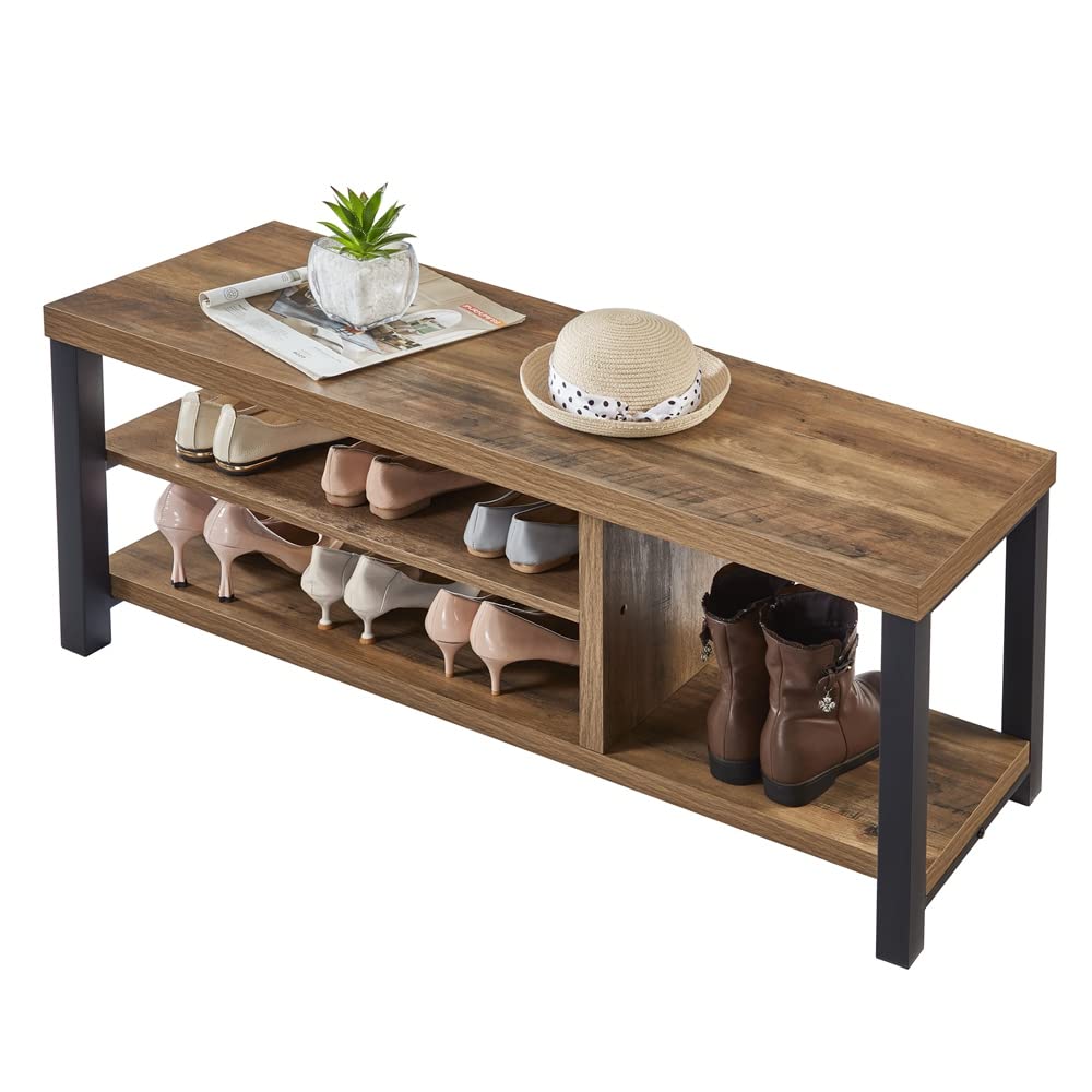 Industrial Entryway Bench, Rustic Wood and Metal Shoe Storage Bench