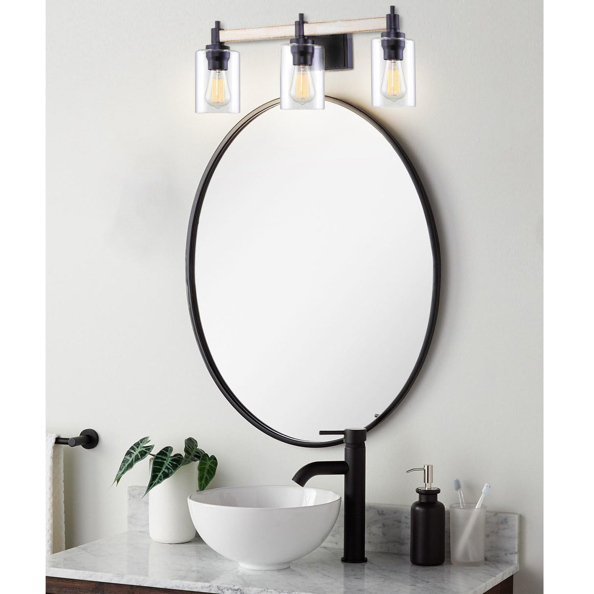Theo 25" 3-Light Modern Farmhouse Vanity/Bathroom Light + Clear Cylinder Glass Shades