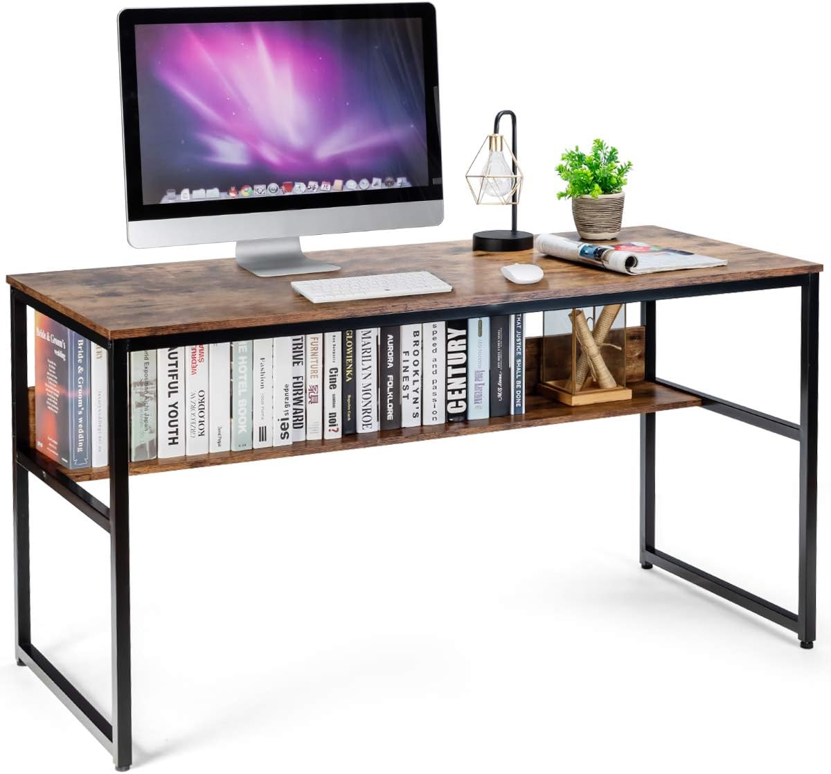 55 Inches Computer Desk with Bookshelf, Study Writing Table w/Storage Shelf & Sturdy Metal Frame