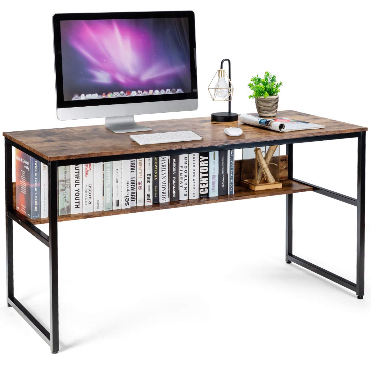 55 Inches Computer Desk with Bookshelf, Study Writing Table w/Storage Shelf & Sturdy Metal Frame