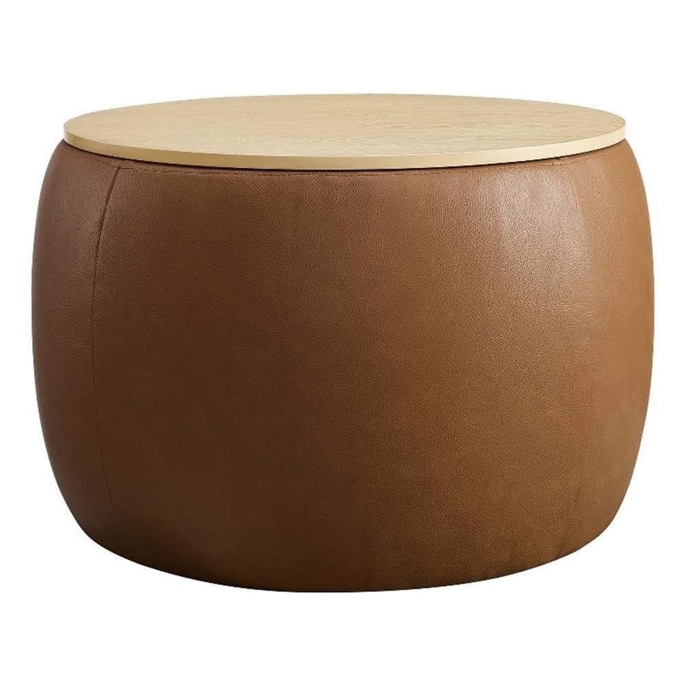 26 Inch Round Storage Ottoman with Tray Lid in Tan - Vegan Leather Ottoman - Versatile
