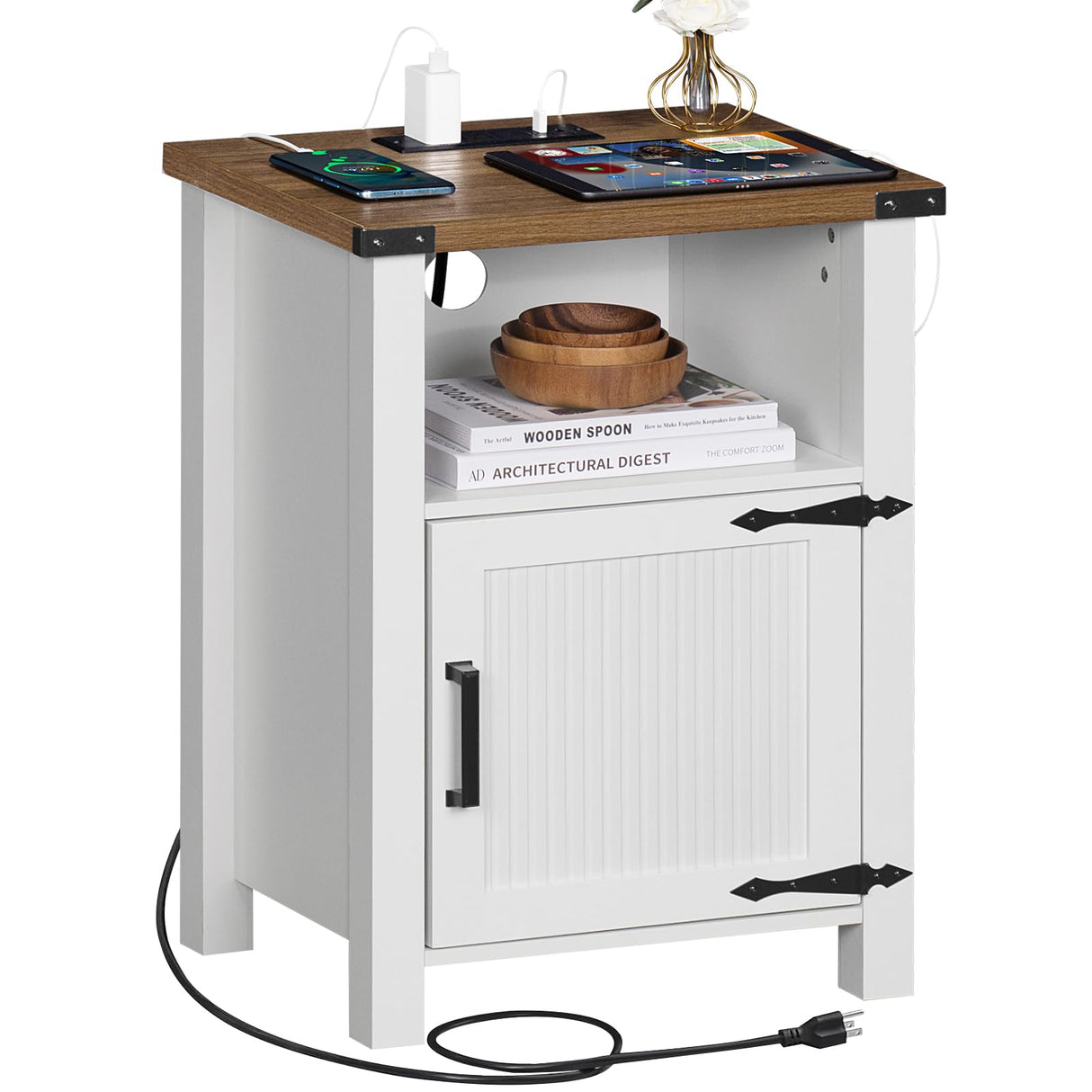 Nightstand with Charger Station and USB Port, 18 Inch Farmhouse Night Stand with Storage Shelf,