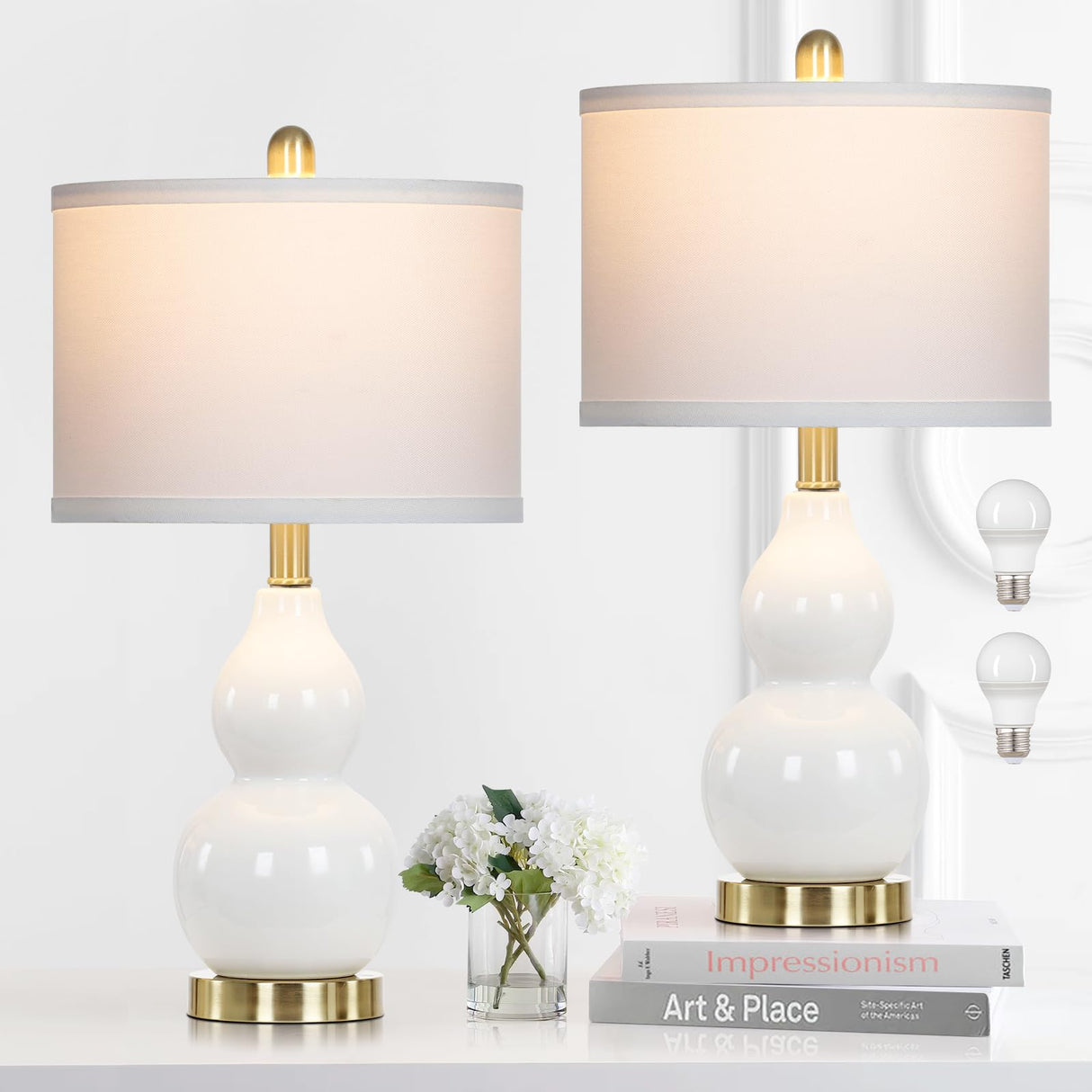 Double Gourd Ceramic Table Lamps Set of 2, Modern White Bedside Lamps for Night Stand