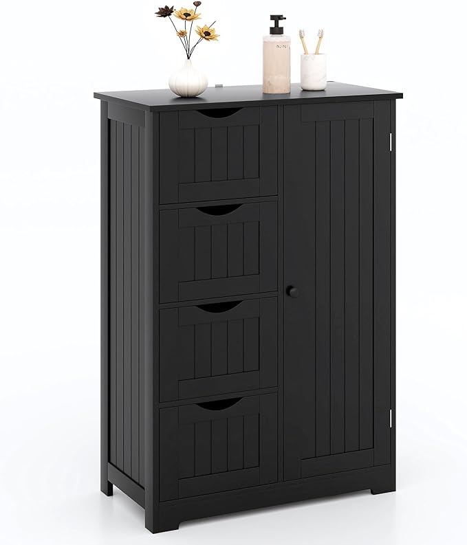 Bathroom Storage Cabinet, Wooden Floor Cabinet with 4 Drawers & Round Knob