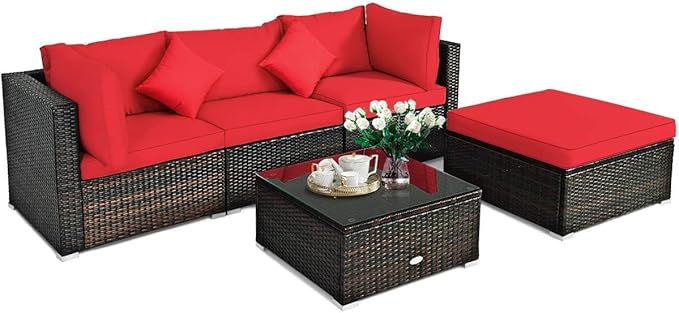 5-Piece Outdoor Patio Conversation Set with Cushions - Rattan Wicker Sectional Sofa & Coffee Table