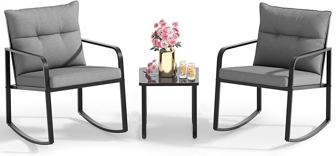 3 Piece Outdoor Rocking Bistro Set, Black Steel Furniture, Porch Chairs Conversation Set