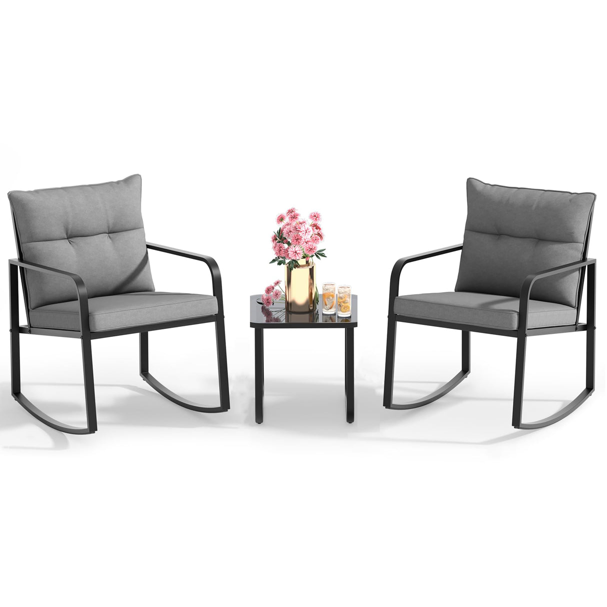 3 Piece Outdoor Rocking Bistro Set, Black Steel Furniture