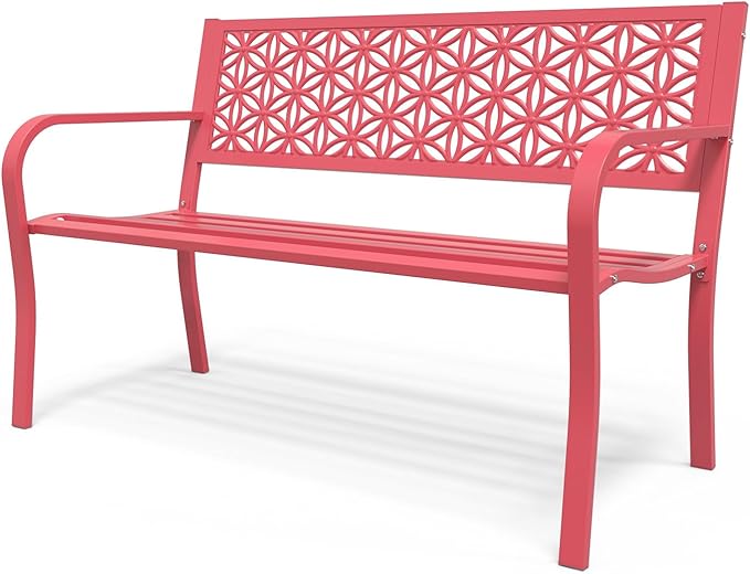 Outdoor Bench Metal with Floral Back, Garden Bench Front Porch Bench for Yard Patio