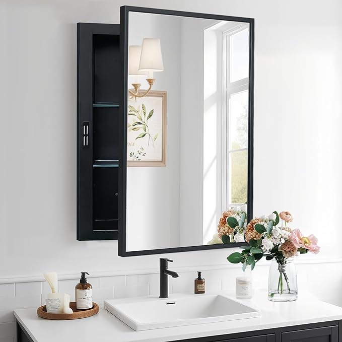 Recessed Medicine Cabinets with Mirror, Black Bathroom Mirror with Storage