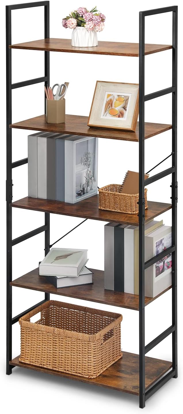4-Tier Bookshelf, Industrial Bookcase w/Metal Frame Open Back Storage Display Shelves for Living Room Study Room, Rustic Brown