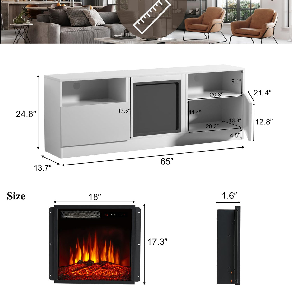Fireplace TV Stand with 18" Electric Fireplace, LED Light Entertainment Center