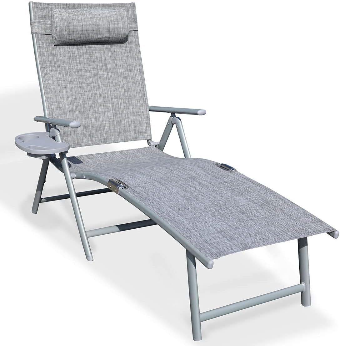 Aluminum Outdoor Folding Reclining Adjustable Chaise Lounge Chair with Cup Holder
