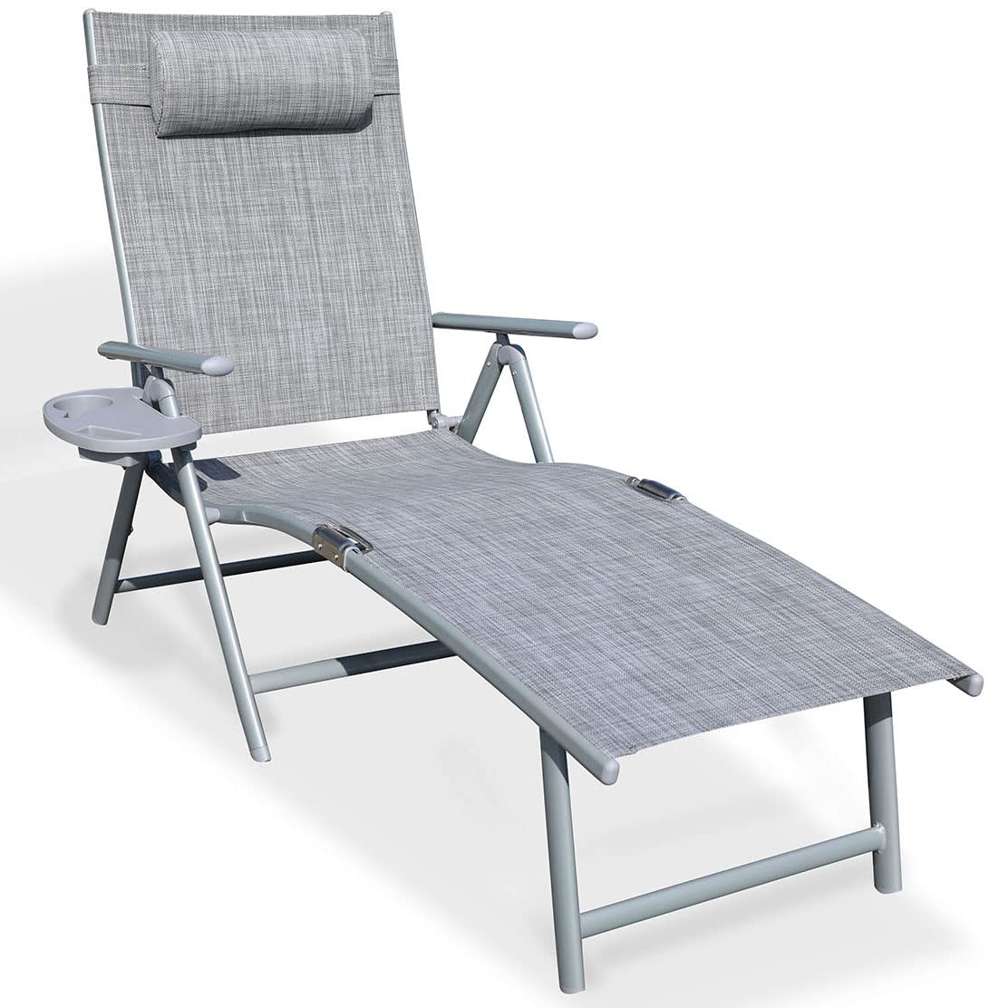Aluminum Outdoor Folding Reclining Adjustable Chaise Lounge Chair with Cup Holder