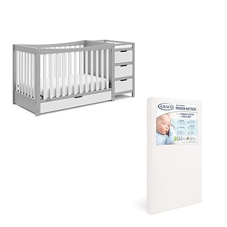 4-in-1 Convertible Crib & Changer with Drawer (Gray) – GREENGUARD Gold Certified, Crib and Changing -Table Combo, Includes Changing Pad, Converts to Toddler Bed, Daybed and Full-Size Bed