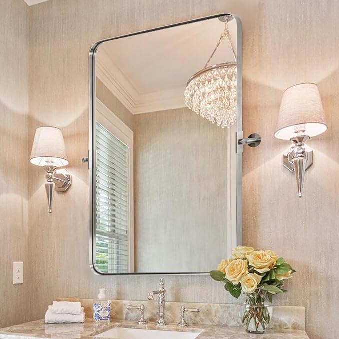 Black Bathroom Mirrors , Metal Framed Rounded Rectangle Wall Vanity Mirror