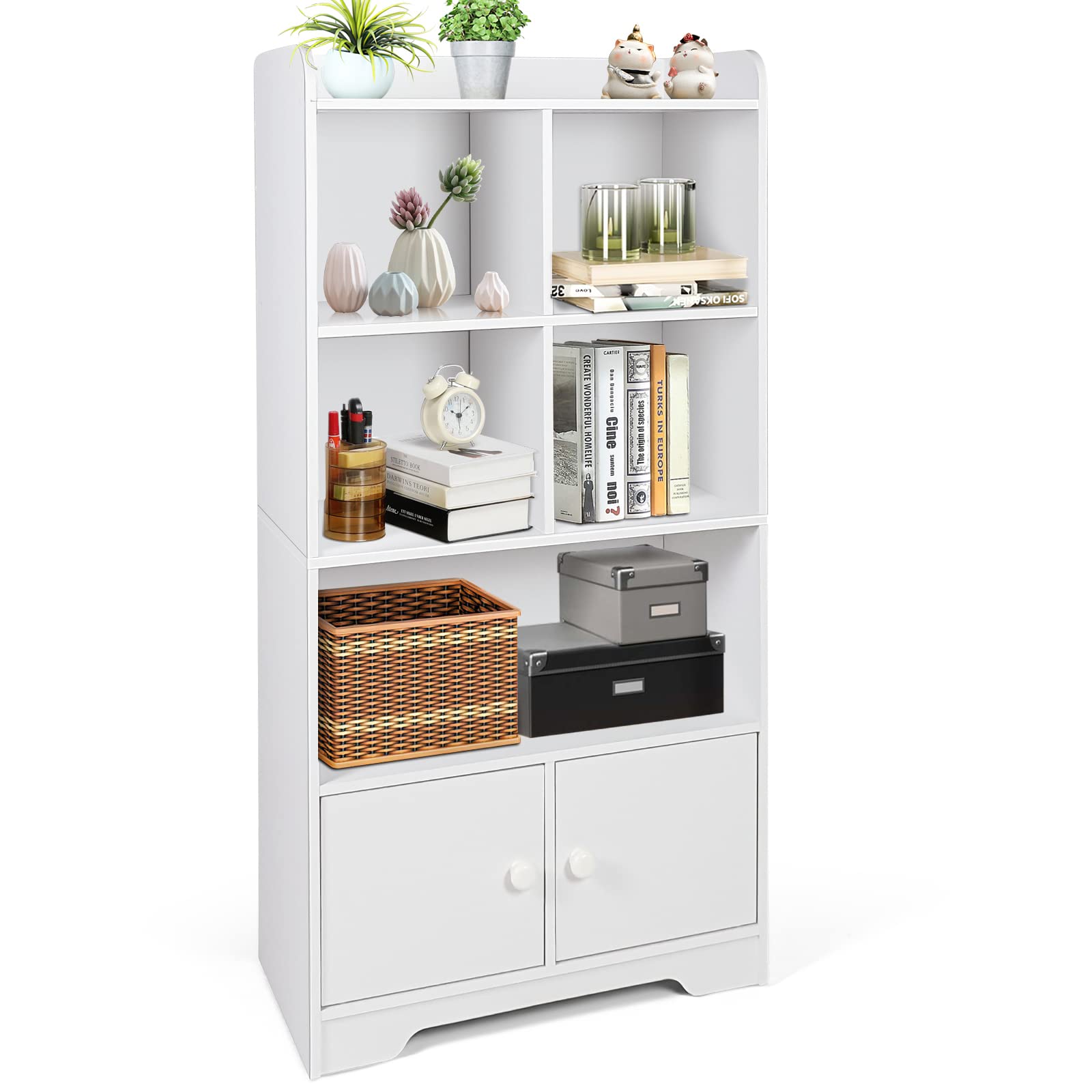 4-Tier Bookcase with Doors, 47.5" Tall Freestanding White Bookshelf with 3 Shelves