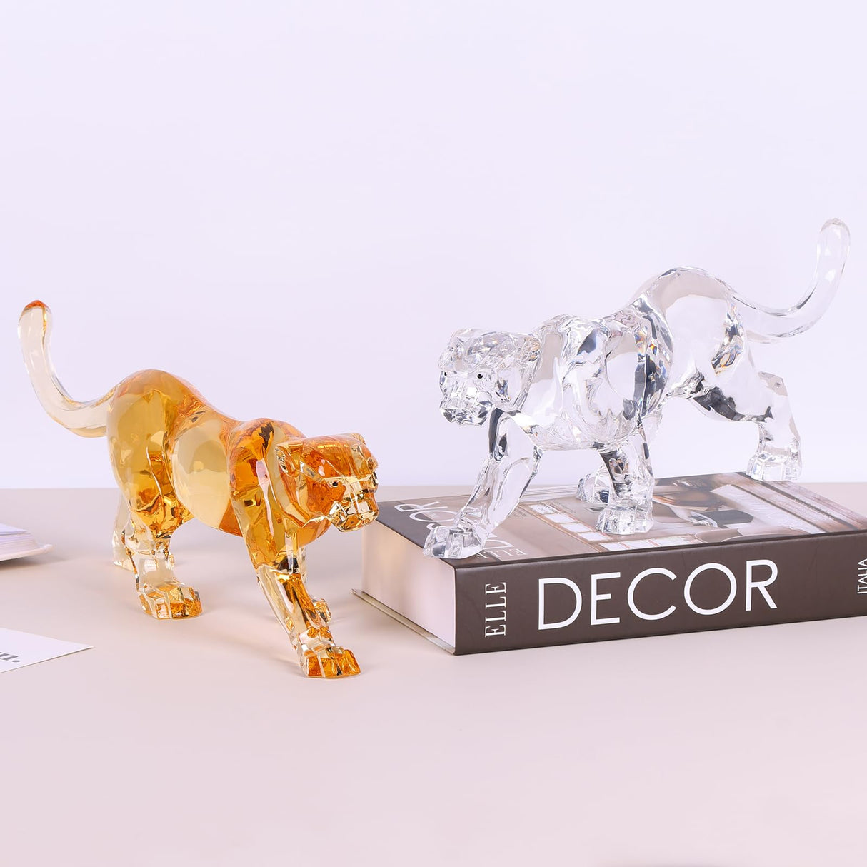 16" L Acrylic Cheetah Statue Crystal Glass Finish, Large Luxury Sculpture and