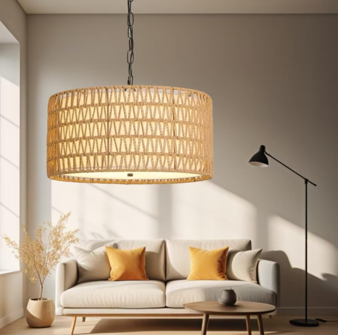 Rattan Farmhouse Chandelier, 5 Lights Boho Large Pendant Light, Hand Woven Chandeliers