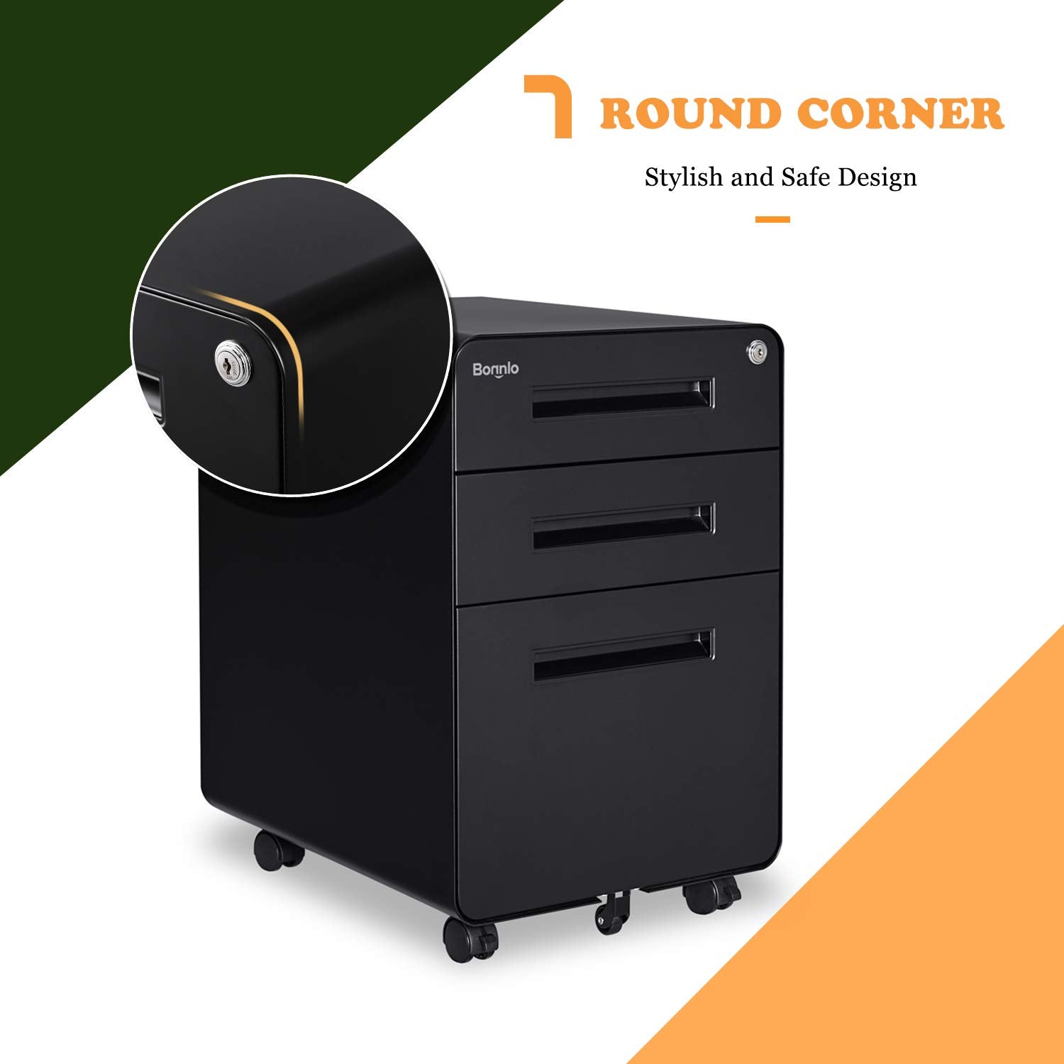 23.8" H 3 Drawer Rolling File Cabinet with Lock, Mobile File Cabinet Under Desk with Pencil Tray,