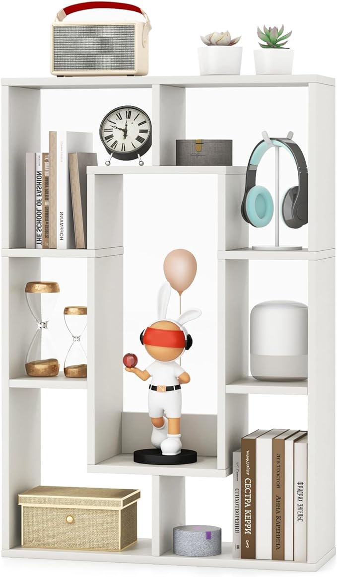 35.5” Geometric Bookshelf, Freestanding Wood Open Bookcase with 7 Cubes, Anti-Toppling Devices, Home Office Décor Rectangular Storage Shelf Display Rack for Study Living Room (1, White)