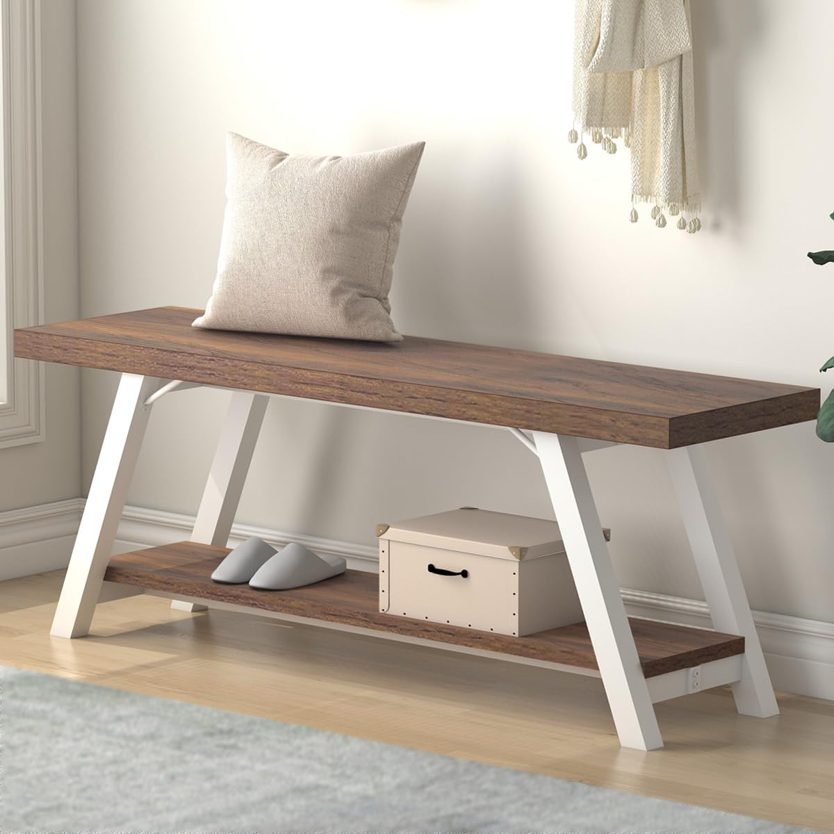 Rustic Entryway Bench, Farmhouse Wood Indoor Shoe Bench