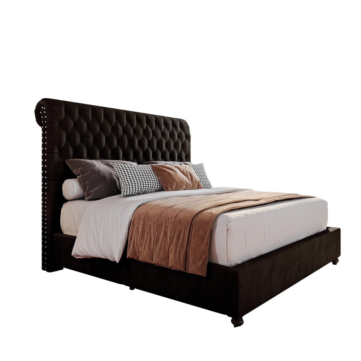 King Bed Frame Upholstered Platform Bed Frame with 52.8'' Tall Sleigh Headboard