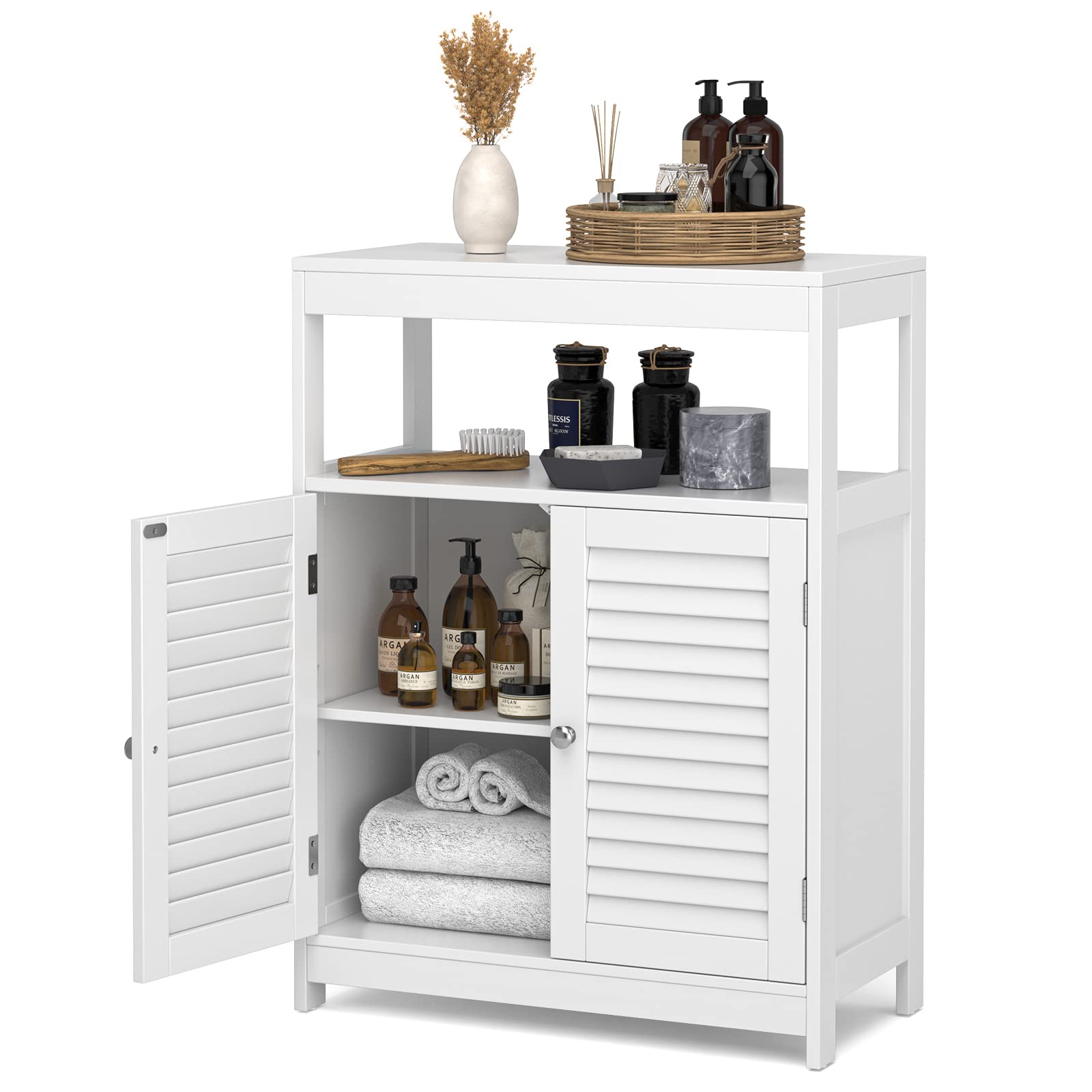 Bathroom Storage Cabinet, Freestanding Floor Cabinet w/Double Shutter Doors