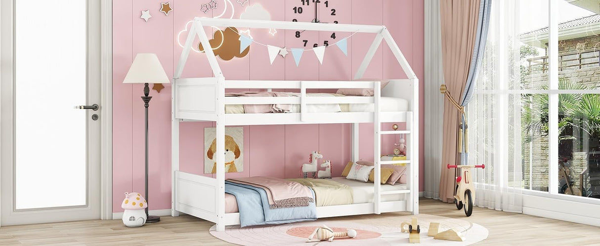 Twin Over Twin House Floor Bunk Bed, Wooden Bunk Bed with Headboards, Footboards, Guardrails and Ladder, Space-Saving Design, Safety Guaranteed, White