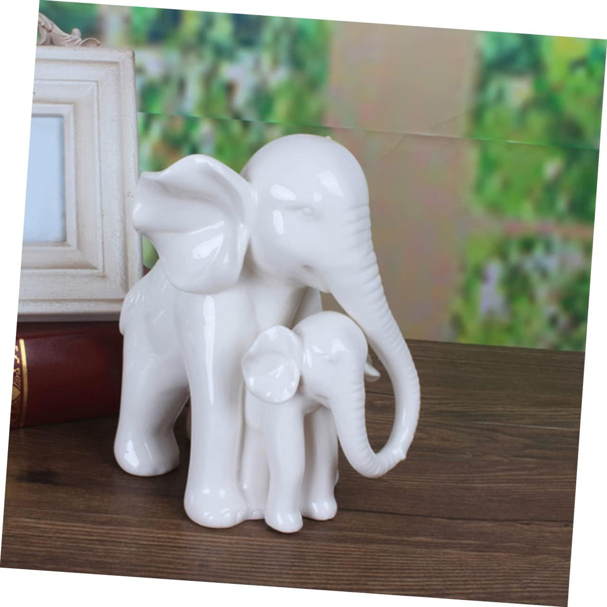 White Porcelain Mother Child Elephant Statue Lifelike Baby Elephant Figurine Elephant