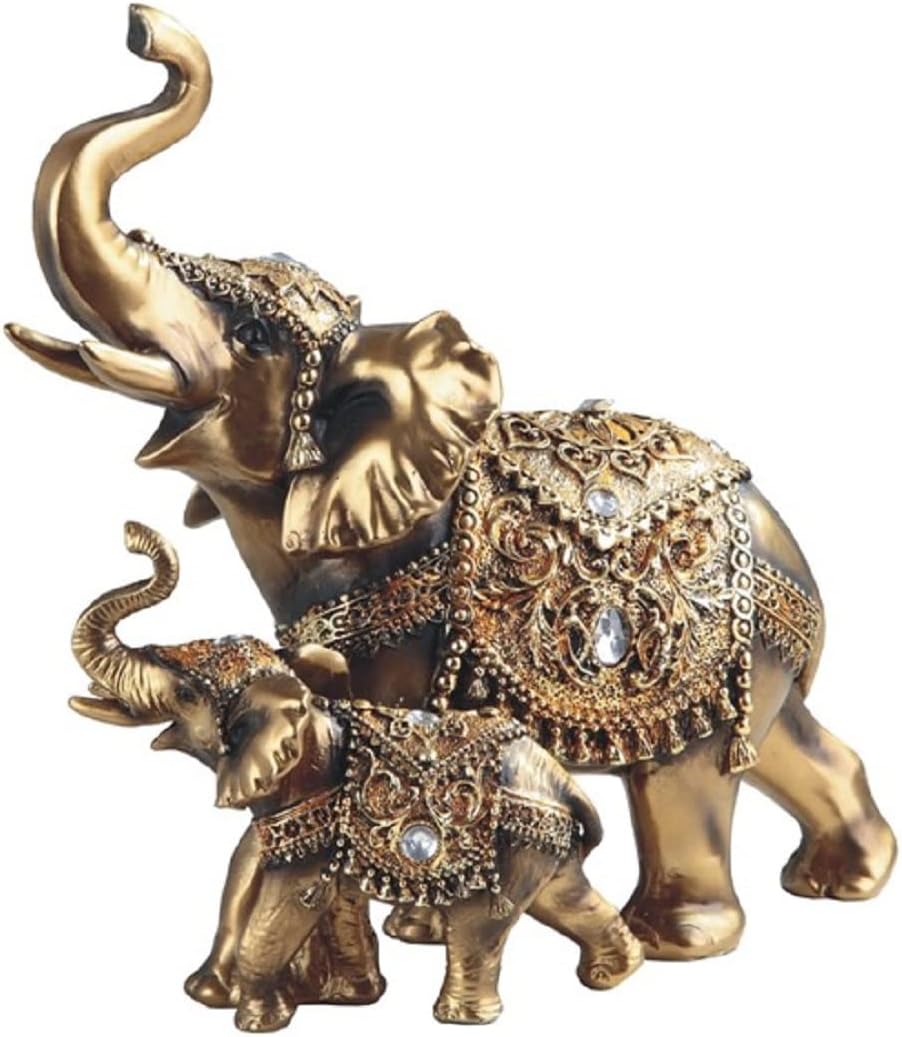 9.25" W Gold Thai Elephan and Cub with Trunk Up Statue Feng Shui Decoration Religious
