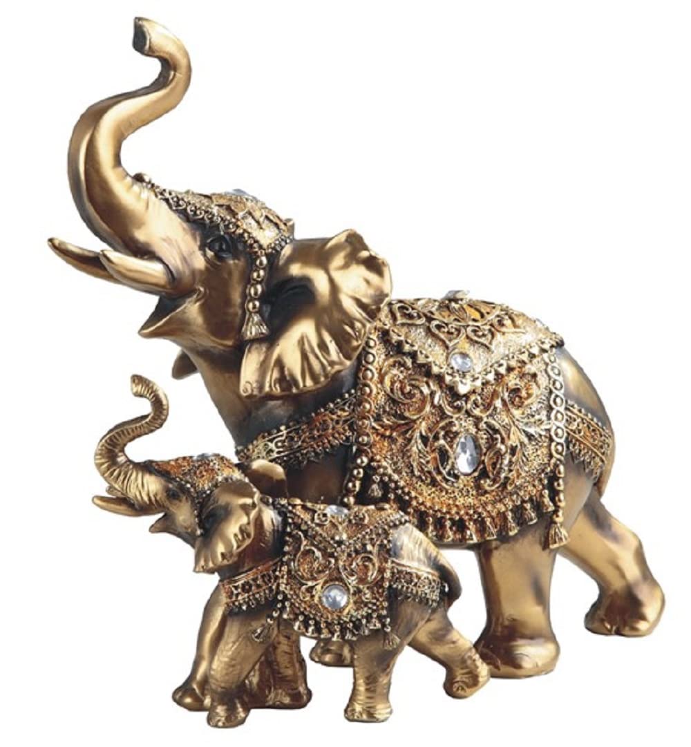 9.25" W Gold Thai Elephan and Cub with Trunk Up Statue Feng Shui Decoration Religious