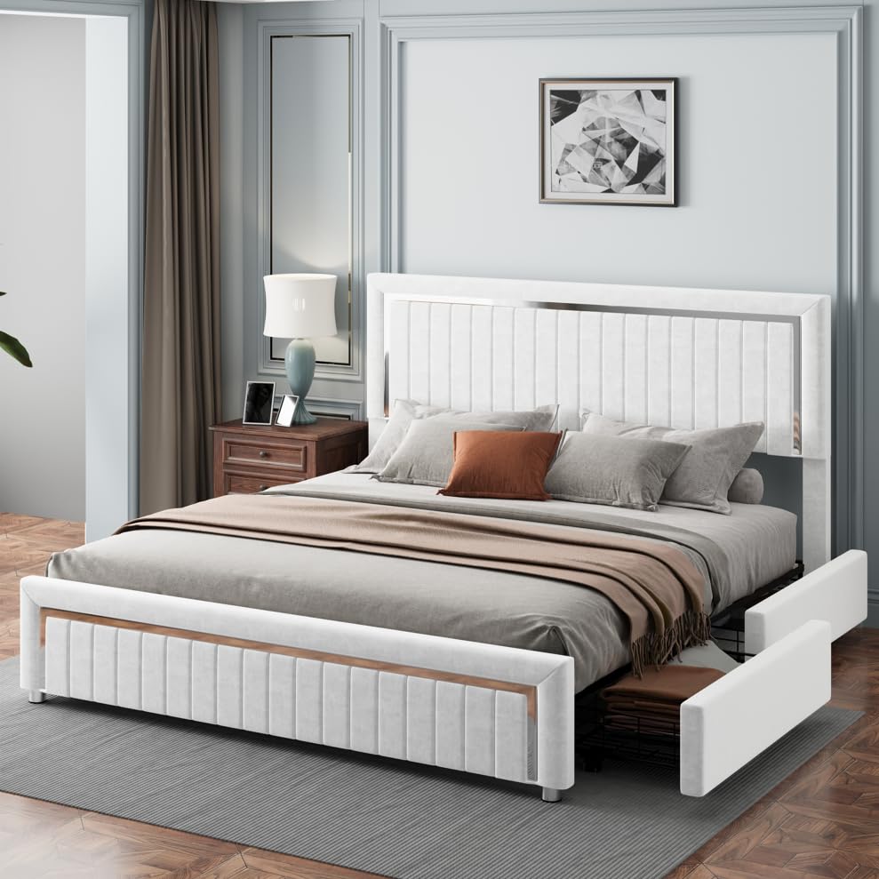 Upholstered Platform Queen Size LED Bed Frame with 4 Storage Drawers