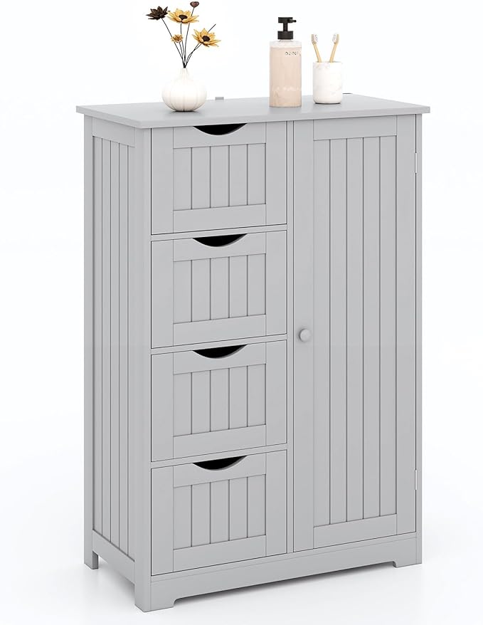 Bathroom Storage Cabinet, Wooden Floor Cabinet with 4 Drawers & Round Knob