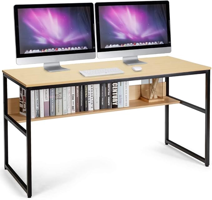 55 Inches Computer Desk with Bookshelf, Study Writing Table w/Storage Shelf & Sturdy Metal Frame