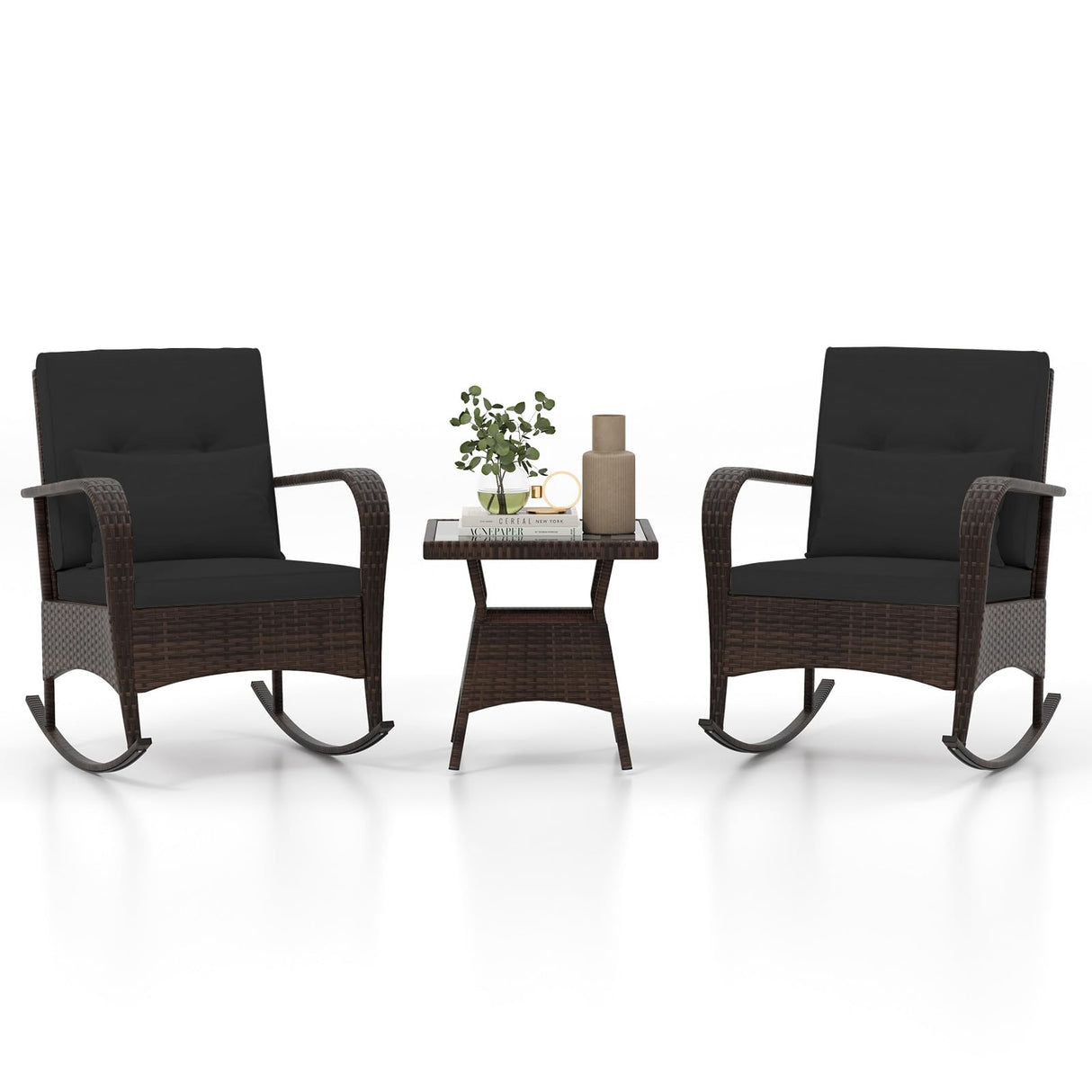 3 Pieces Rocking Bistro Set, Patiojoy Outdoor PE Rattan Rocker Chairs with Removable