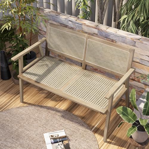 Outdoor Teak Wood Garden Bench, 2-Person Patio Bench with Armrests
