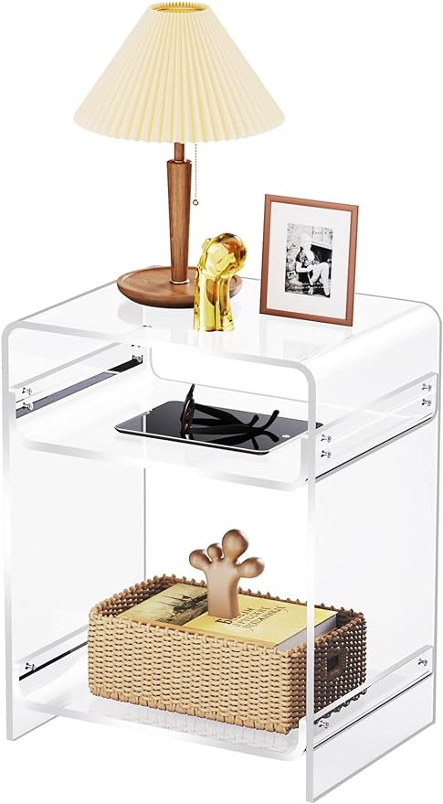 End Table Record Player Table with Storage Shelf Clear Side Table Nightstand, Orange