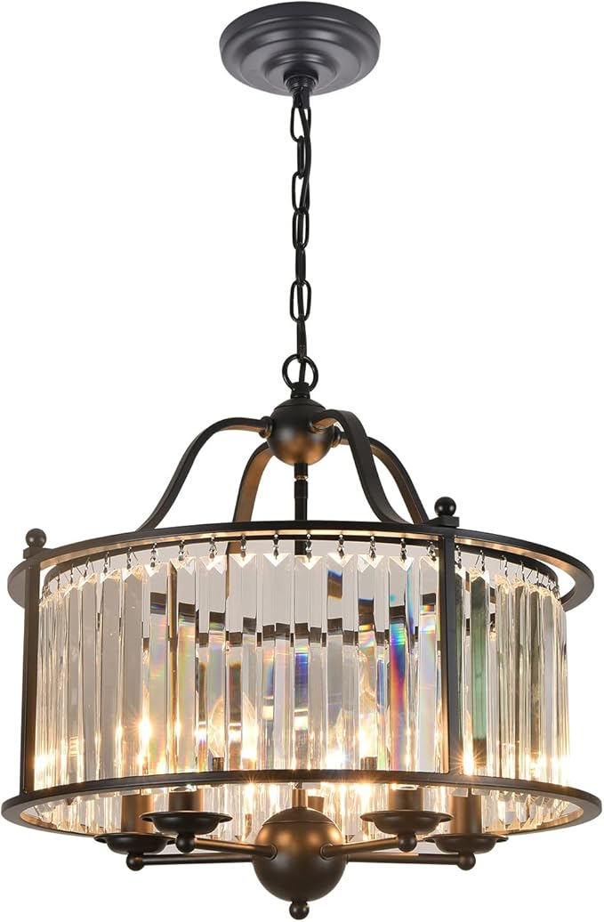 5-Light Black Semi Flush Mount Crystal Chandelier Metal Modern Ceiling Light