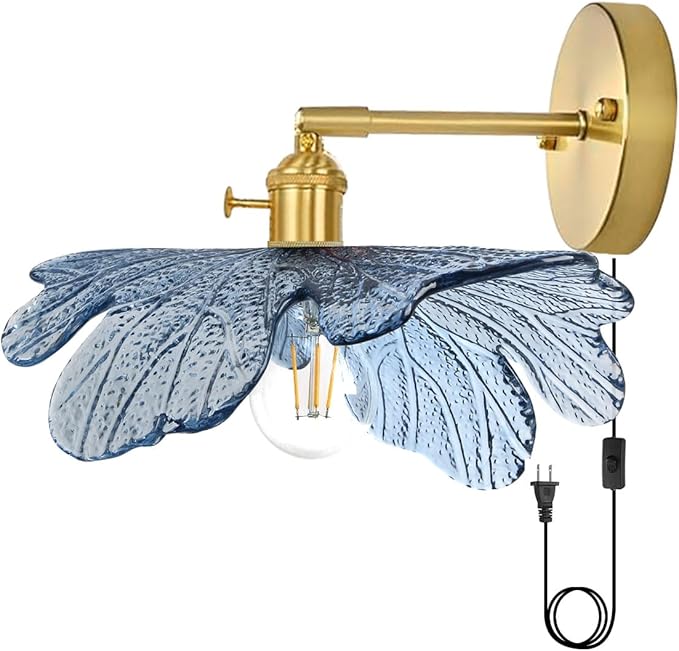 Glass Plug in Wall Light Mid Century Modern Wall Sconce Purple Flower Shade On/Off Switch Gold